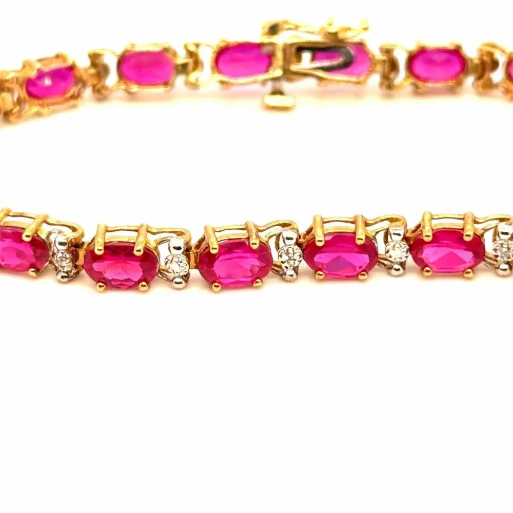 Lovely 10K Gold Syn. Rubies /Diamond Accent Tennis Bracelet‎